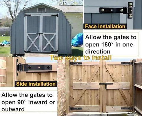 13 Inch Heavy Duty Gate Hinges Solid Carbon Steel 900 Lbs Capacity And 180 Degree Open demonstrated on wood and metal gates