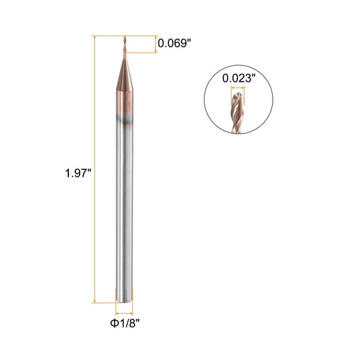 Ball Nose End Mill 2 Flute 0.023 Inch Diameter 1/8 Inch Shank Tungsten Carbide Uncoated CNC Router Bit For Carving Engraving And Grinding 0.069 Inch Cutting Length Single End shown with dimensions