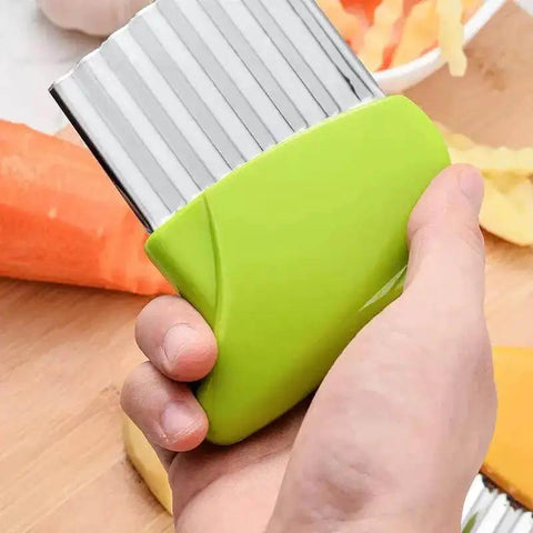 Two Pack Crinkle Cutting Tool With Stainless Steel Wavy Blade And Green Handle For Potatoes Carrots Cucumbers And Other Veggies A Durable Ergonomic Kitchen Slicer That Creates Professional Looking Crinkle Cuts Every Time held in hand
