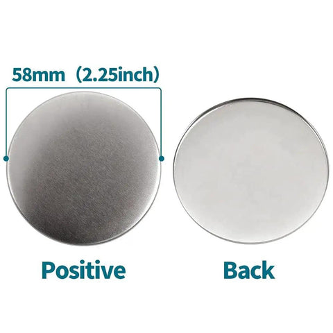 Two 58mm blank pin-back button parts; metal front disc and back cover for button maker.