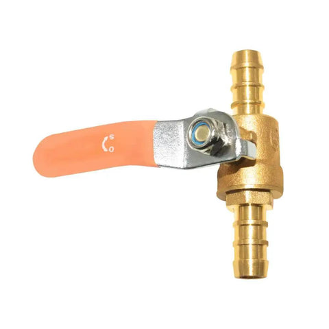 Side view of Two Pack Half Inch Barbed Shut Off Ball Valve with solid brass construction hose barb connections and clamps.