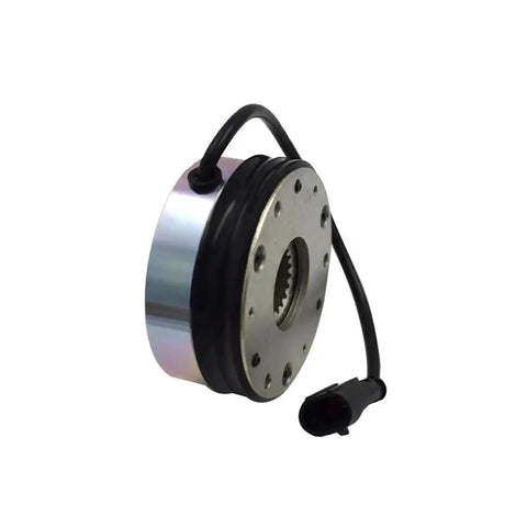 Side view of a metal electromagnetic brake assembly for forklift, circular disc with central spline hub and black cable.
