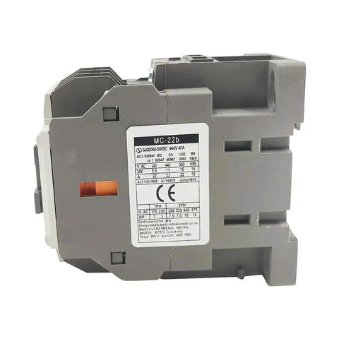 Side view of Heavy Duty 120V AC Contactor, 3 Pole, 22A, 1NO1NC Auxiliary, DIN Rail Mount, UL CE Listed, industrial relay device