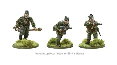 30 Piece Mid To Late War Waffen-SS Grenadiers Plastic Miniatures For Bolt Action WW2 Tabletop War Gamers displayed on grassy bases.