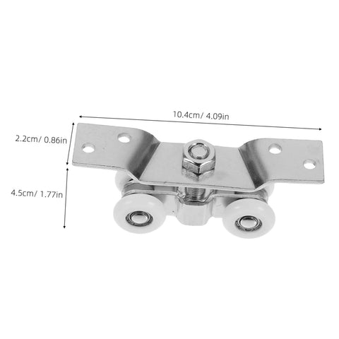 Two Piece Indoor Outdoor Sliding Door Rollers Set With Stainless Steel Silent Nylon Wheels Beefy Heavy Duty Track Hardware Rust Resistant Pulley Wheel System For Smooth Quiet Glides And Easy Repairs, showing dimensions and stainless steel construction.