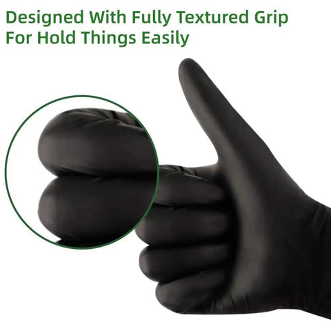 Close-up of thumbs-up wearing Black Nitrile Latex Free Gloves Pack 100 Textured Fingertips For Food Handling.