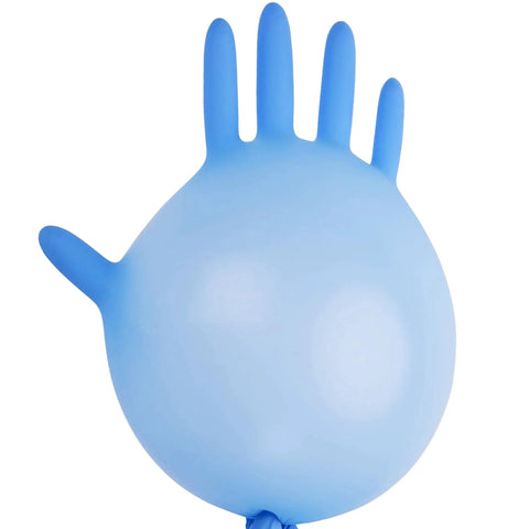 Inflated blue glove resembling a balloon, representing Six Mil Nitrile Exam Gloves Large Box Of 100 Latex Free Powder Free Heavy Duty