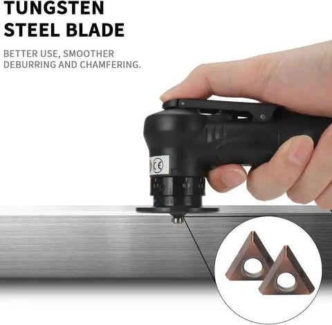 Mini Pneumatic Chamfering Tool For Fast Metal Deburring And Beveling with a tungsten steel blade in use on metal
