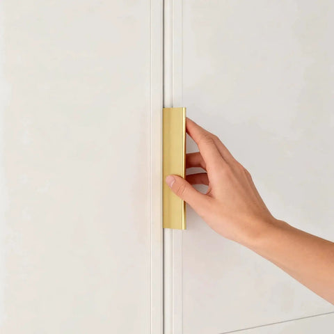 10 Pack Gold Edge Finger Pulls For Cabinets Aluminum Cabinet Handles For Kitchen Concealed Drawer Pulls With 3 Inch Hole Center in use