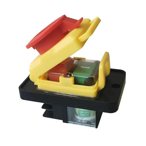 Emergency Stop Pushbutton Switch 120V 16A IP54 Waterproof with 4 Pin Quick Connect, showing yellow housing and red button.