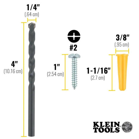 Conical Anchor Kit For Drywall And Masonry With 100 Anchors 100 Number Two Phillips Screws One Quarter Inch Masonry Drill Bit For Drywall And Masonry Applications Klein Tools, showing drill bit, screw, and anchor dimensions.