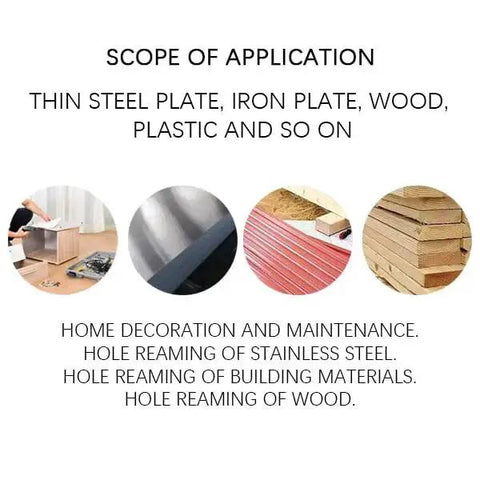 Scope of application for T Handle Tapered Reamer Tool, including wood, steel, and plastic with images of materials.