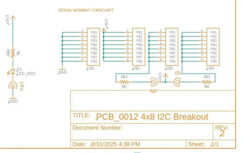 Schematic of 8x4 I2C Bus Breakout Board with LED and pull-up resistors showing connections, part of 4 pack, Wombat compatible PCB.