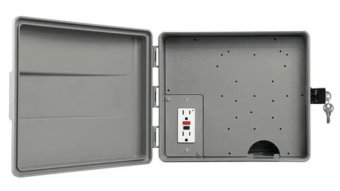 Outdoor Sprinkler Controller Cabinet With GFCI Weatherproof ABS Box, tamper resistant hinged door, open view showing outlet.