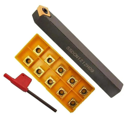 CNC Lathe External Turning Tool Holder 45 Degree Chamfer, SSDCN1212H09, with ten SCMT09T308 carbide inserts and hex key visible
