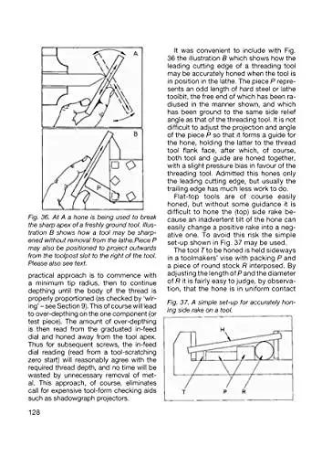 Page 128 of Screwcutting In The Lathe For Home Machinists A No Nonsense Real World Guide To Imperial And Metric Threads Pitches And Diameters All Thread Forms Made Easy Fox Chapel Publishing showing diagrams and text on lathe operations.
