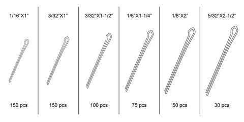 555 Piece Cotter Pin Assortment In Spring Steel With Zinc Plating Includes One Sixteenth Inch By One Inch Pins And Three Thirty Second Inch By One Inch Pins Plus Other Sizes Comes In A Handy PP Storage Case With Size Chart For Quick Identification.