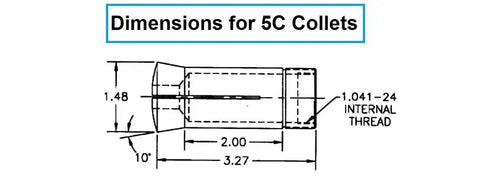 Technical diagram showing dimensions for 5C Collets, highlighting internal thread measurements and key tolerances for compatibility.