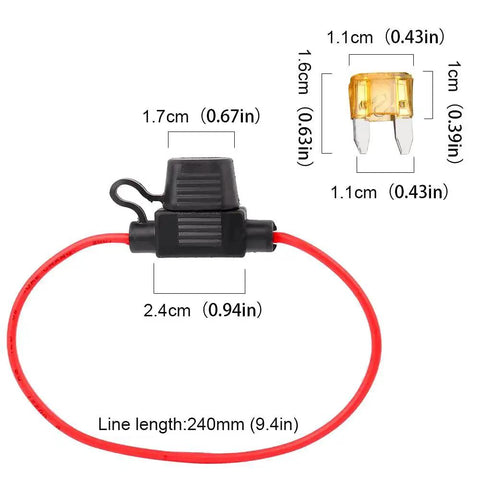 Mini Blade Fuse Holder 18 AWG Waterproof Inline Fuse Kit With 5A ATM Fuses 2 Pack, black casing, red wire, dimensions shown