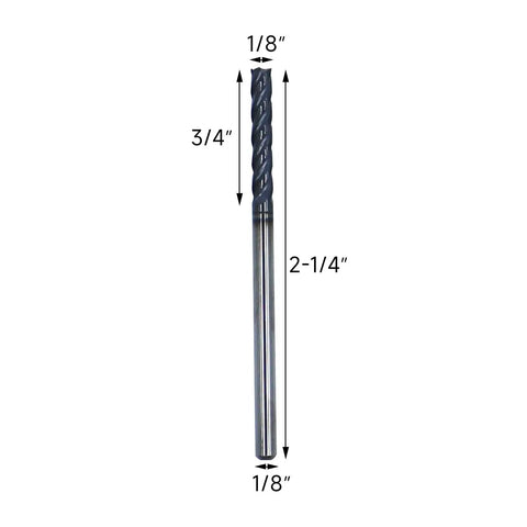 Five Pack One Eighth Inch Solid Carbide Long End Mills, Four Flute, Thirty Degree Helix, AlTiN Coated, Overall Length Two And A Quarter Inches