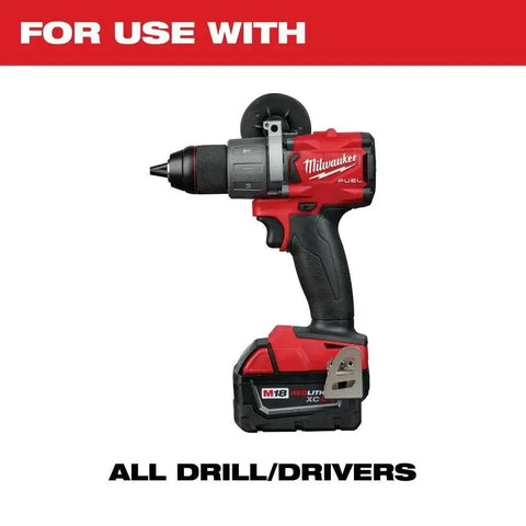 Milwaukee M18 Fuel drill image with text 'For Use With All Drill/Drivers' displaying compatibility with Thunderbolt Black Oxide Drill Bit Set.
