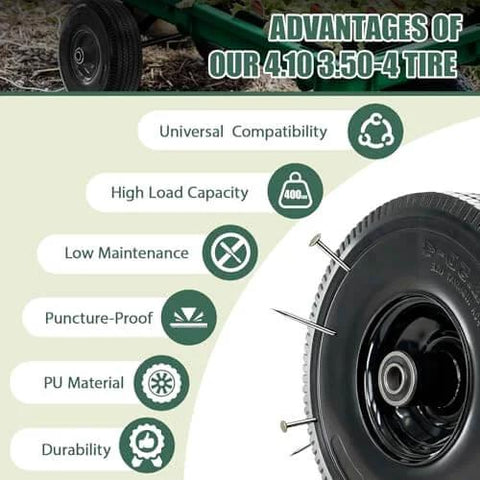Flat Free 4.10/3.50-4 Tire And Wheel Set, Heavy Duty, 10 Inch Solid Wheel With 2.2 Inch Offset Hub, 5/8 Inch Axle Bore features