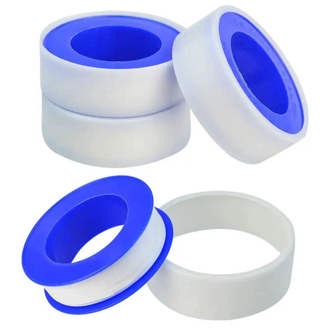 30 Roll Pack Of PTFE Thread Seal Tape One Half Inch By Three Hundred Ninety Four Inches White Teflon Pipe Sealant Tape For Leak Proof Plumbing Water Lines And Air Lines DIY Plumbers, showing multiple rolls stacked and side views.