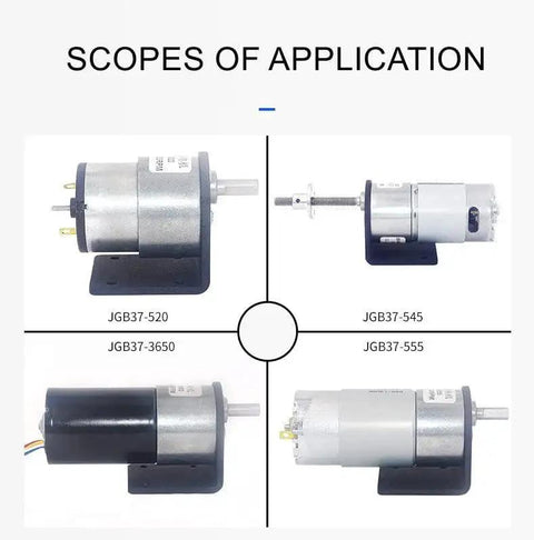 4 Pack 37mm Diameter DC Gear Motor Mounting Brackets Black With Four 6mm Hex Couplings For Small Gear Motors Robots Model Cars And Other Hobby Projects Durable Mounting Frames For Your Go To Hobby Builds Stabilizing Gearbox And Motors in application with various motor models.