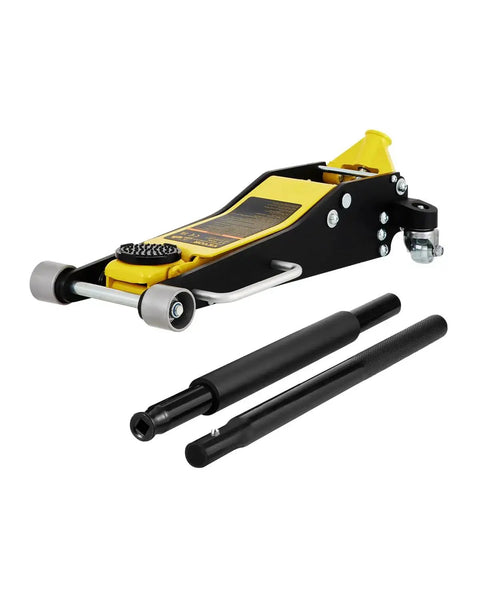Low Profile 3 Ton Racing Floor Jack With Dual Pistons Aluminum Steel Quick Lift, shown in side view with handles detached
