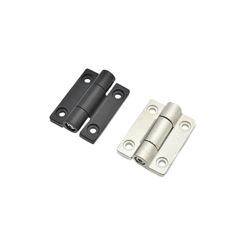 Two zinc alloy torque hinges, black and silver finishes, with four mounting holes
