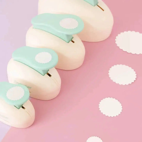 3 Inch Circle Scallop Punch with Easy Lever Press for Scrapbooking, DIY cards, and journals, showing multiple punches and cutouts