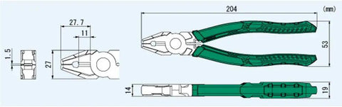 Beefed Up Heavy Duty Multi Function Gripping Pliers And Screw Extractors For Damaged Screws With Non Slip Jaws For Quick Removal Made In Japan PZ 59 Neji Saurus RX blueprint with dimensions.