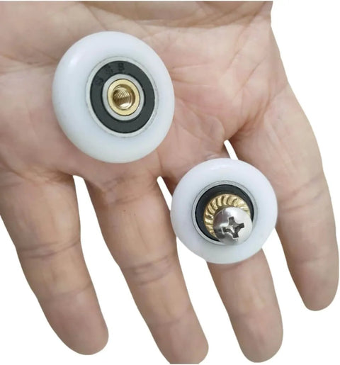 4 Sets Shower Door Rollers 25mm Wheel Replacement For Glass Shower Doors Easy Install, handheld view showing copper bearings
