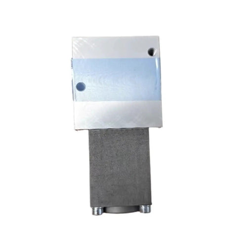 Front view of electric proportional valve module, 0-10 bar, 24V, silver top with blue band and black base