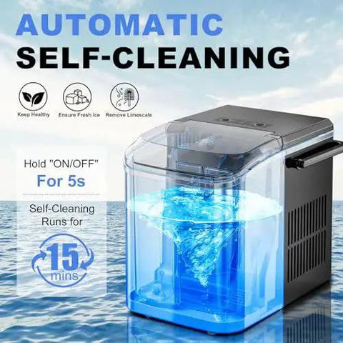Portable Countertop Ice Maker With Handle 9 Cube Ice In 6 Minutes Auto Clean showing automatic self-cleaning feature.