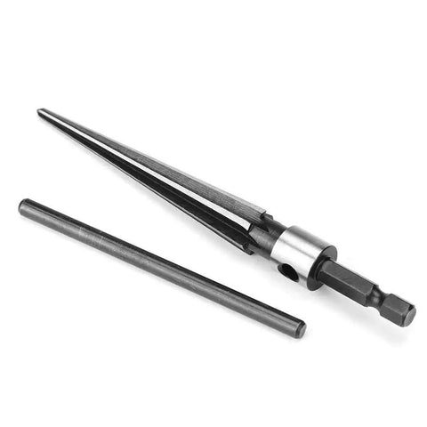 Handy T Handle Tapered Reamer Tool 3 To 13mm Six Fluted Chamfer Deburring Bit For Taper Holes Countersink Latches Guitar Repairs With 1 Quarter Inch Hex Shank And 45 Steel Durable Build, shown disassembled with two parts