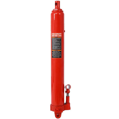 Red 8 Ton Hydraulic Long Ram Jack With Clevis Base For Engine Hoists And Cranes, shown in a standing position.