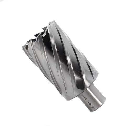 Beefy Annular Cutter For Magnetic Drill Press One Nine Sixteenth Inch Cutting Diameter And Two Inch Depth With Three Quarters Inch Weldon Shank Two Flat Pilot Pin Included Delivers Holes Ten Times Faster
