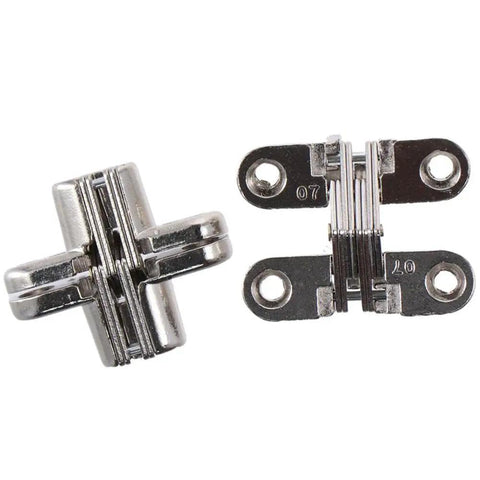 Hidden Cross Door Hinges 180 Degree Concealed Zinc Alloy 2 Pack For Doors And Cabinets Modern Style With Brushed Silver Finish No Visible Hardware Easy Install