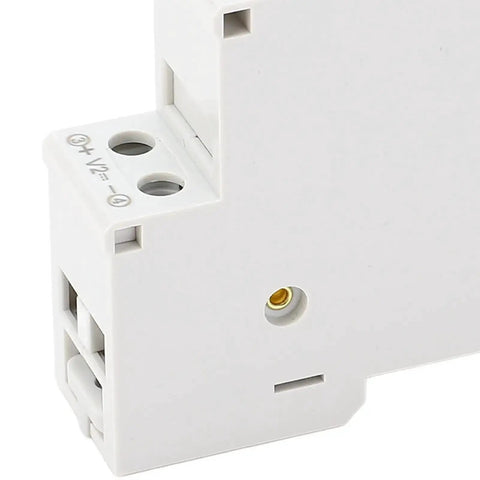 Side view of a DC Voltmeter With 3 Digit LED Display 11 To 310V Plug And Play DIN Rail Mount Voltage Meter for industrial panels.