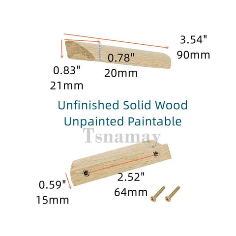 Diagram of Unfinished Beech Wood Furniture Pulls Set of 10 with dimensions and two-hole design, highlighting the paintable surface.
