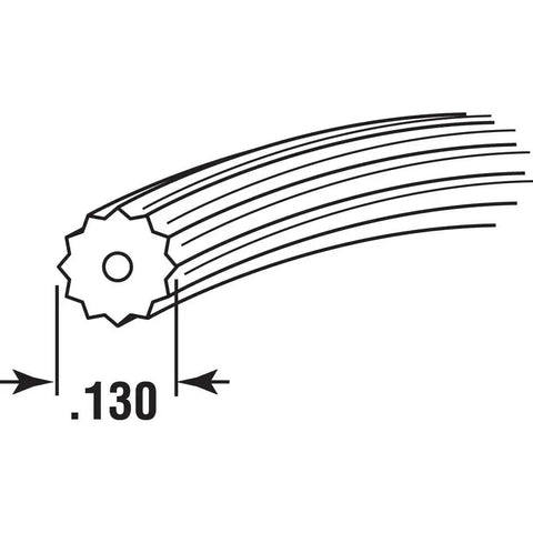 Illustration of 0.130 Inch Vinyl Screen Spline 25 Foot Black Round Hollow Core Serrated Retainer for window and door screens.