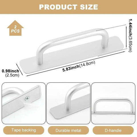 2 Pack Self Stick Adhesive Cabinet Handles No Drilling Instant Pull Handles, size guide with dimensions, aluminum alloy, rust resistant