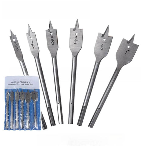 Six Piece Spade Drill Bit Set With Quick Change Hex Shank For Woodworking, Sizes Three Eighths To One Inch, Flat Paddle Bits
