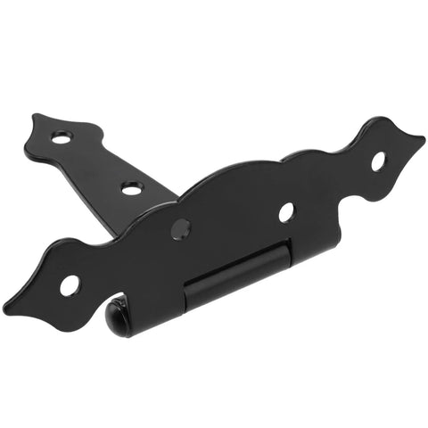 Six Pack 5 Inch T Shape Strap Hinges With Screws, Classic Black Decorative Gate Hinges, shown in close-up, heavy iron.