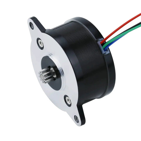 High Temperature Nema 14 36mm Pancake Stepper Motor 1A with 10 Tooth Gear for Voron 2.4, side view of black and silver motor with wires