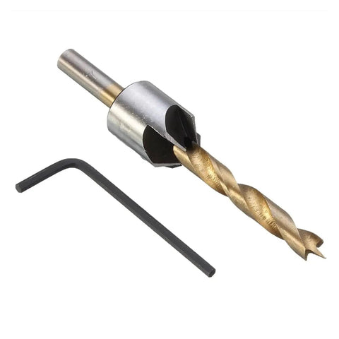 7 Piece Titanium Coated High Speed Steel Drill Bit Set 3 to 10mm Round Shank Countersunk Bits With Hex L Shaped Wrench For Woodworking And Chamfering, Boss Grade For Wood Metal Cast Iron And Titanium Projects, close-up view of a drill bit and hex wrench.