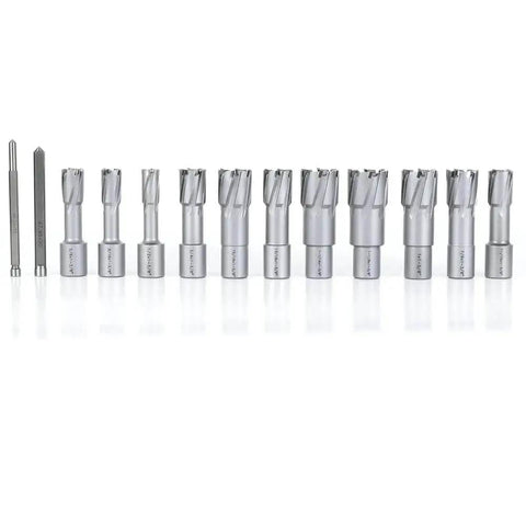 Heavy Duty Carbide TCT Annular Cutter Set For Magnetic Drill Press 13 Piece With Weldon Shank And One And Three Eighths Inch Cutting Depth Includes Pilot Pins Diameters From Half Inch To One And One Eighth Inch Boss Grade OSCARBIDE