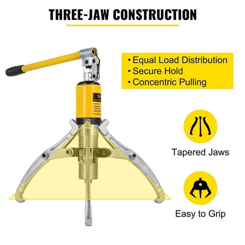 Three-jaw construction of Heavy Duty 15 Ton Hydraulic Gear Puller Workhorse with secure hold and equal load distribution.