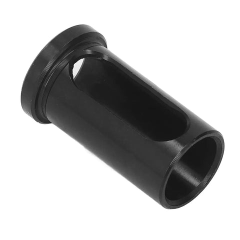 Side view of black alloy steel CNC lathe reducer sleeve with flanged end and hollow bore